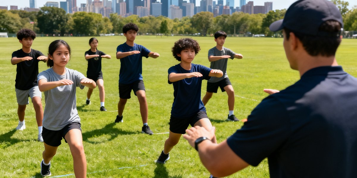 一组学员在室外草坪上进行集训营训练，教练正在示范动作，学员们认真跟随，阳光明媚，远处可见城市天际线。